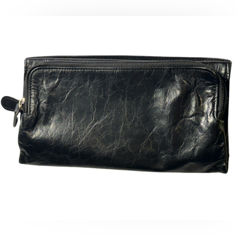 Vintage High End Black Leather Tri-Fold Women’s Wallet Floral Interior MINTY